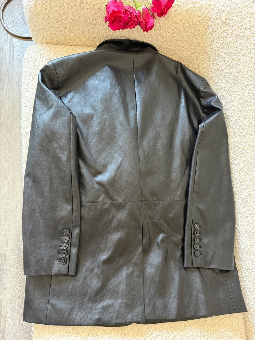 Black Faux Leather Double-Button Blazer Jacket - Picture 4 of 5